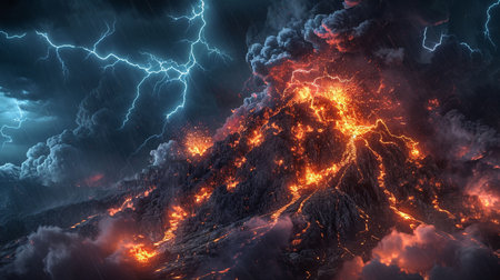 A dramatic and powerful natural spectacle of a volcanic eruption under a stormy sky with lightning bolts intertermingling with fiery red lava and dark ash cloudsの素材