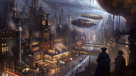 Explore the captivating world of steampunk with this breathtaking image of a bustling city filled with Victorian style architecture intricate clockwork devices and majestic airships Immerse yourself in the beauty of this industrial wonderlandの素材