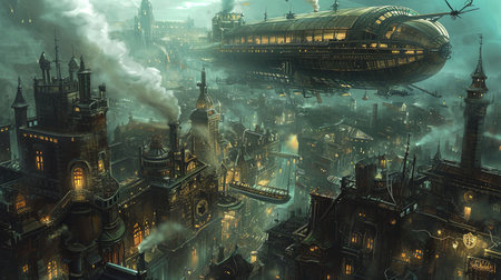 Explore the captivating world of steampunk with this breathtaking image of a bustling city filled with Victorian style architecture intricate clockwork devices and majestic airships Immerse yourself in the beauty of this industrial wonderlandの素材