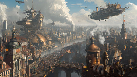 Explore the captivating world of steampunk with this breathtaking image of a bustling city filled with Victorian style architecture intricate clockwork devices and majestic airships Immerse yourself in the beauty of this industrial wonderlandの素材