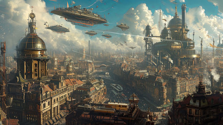Explore the captivating world of steampunk with this breathtaking image of a bustling city filled with Victorian style architecture intricate clockwork devices and majestic airships Immerse yourself in the beauty of this industrial wonderlandの素材