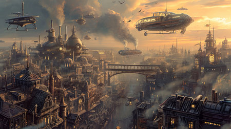 Explore the captivating world of steampunk with this breathtaking image of a bustling city filled with Victorian style architecture intricate clockwork devices and majestic airships Immerse yourself in the beauty of this industrial wonderlandの素材