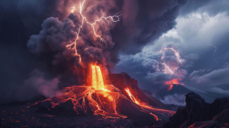 A dramatic and powerful natural spectacle of a volcanic eruption under a stormy sky with lightning bolts intertermingling with fiery red lava and dark ash cloudsの素材