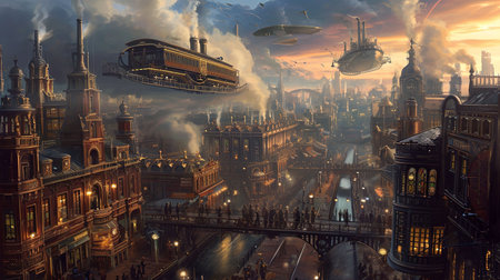 Explore the captivating world of steampunk with this breathtaking image of a bustling city filled with Victorian style architecture intricate clockwork devices and majestic airships Immerse yourself in the beauty of this industrial wonderlandの素材
