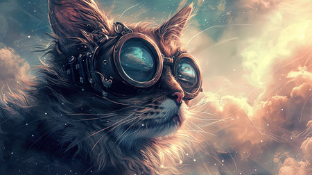 A captivating drawing of a steampunk cat with gothic grandeur and photobashing effects This artwork is a beautiful blend of traditional and modern elements creating a unique and mesmerizing image Feel the allure and explore the world of steampunk with this stunning pieceの素材