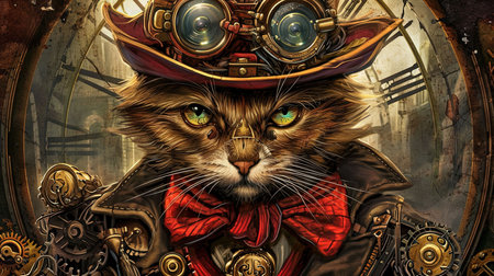 A captivating drawing of a steampunk cat with gothic grandeur and photobashing effects This artwork is a beautiful blend of traditional and modern elements creating a unique and mesmerizing image Feel the allure and explore the world of steampunk with this stunning pieceの素材