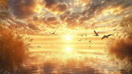 Spectacular backdrops of birds flying over a lake in sepia tones creating a joyful celebration of natureの素材