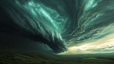 A powerful and intense super cell thunderstorm with rotating green tinted clouds looming over a landscapeの素材