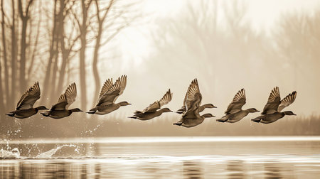 Spectacular backdrops of birds flying over a lake in sepia tones creating a joyful celebration of natureの素材