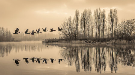 Spectacular backdrops of birds flying over a lake in sepia tones creating a joyful celebration of natureの素材