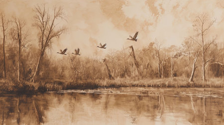 Spectacular backdrops of birds flying over a lake in sepia tones creating a joyful celebration of natureの素材