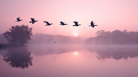 Spectacular backdrops of birds flying over a lake in sepia tones creating a joyful celebration of natureの素材