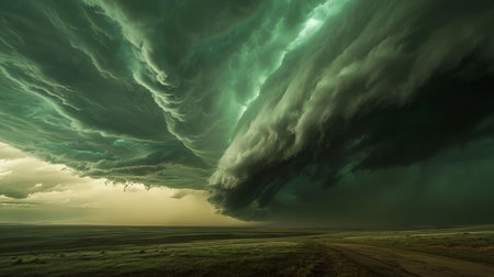 A powerful and intense super cell thunderstorm with rotating green tinted clouds looming over a landscapeの素材