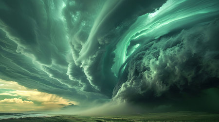 A powerful and intense super cell thunderstorm with rotating green tinted clouds looming over a landscapeの素材