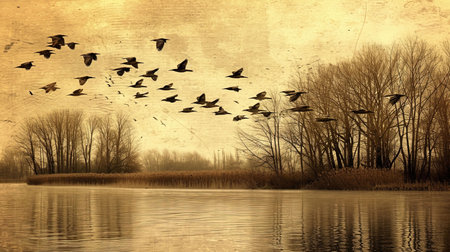 Spectacular backdrops of birds flying over a lake in sepia tones creating a joyful celebration of natureの素材