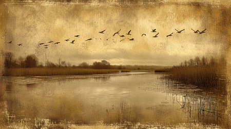 Spectacular backdrops of birds flying over a lake in sepia tones creating a joyful celebration of natureの素材