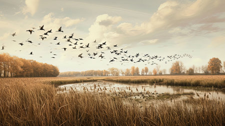 Spectacular backdrops of birds flying over a lake in sepia tones creating a joyful celebration of natureの素材