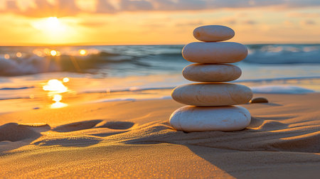 Find serenity with smooth Zen stones balanced by the ocean harmonizing with the rhythmic sound of waves Witness a vibrant sunset and admire intricate sand patterns that create a tranquil coastal havenの素材