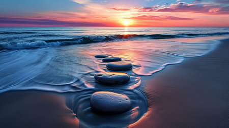 Find serenity with smooth Zen stones balanced by the ocean harmonizing with the rhythmic sound of waves Witness a vibrant sunset and admire intricate sand patterns that create a tranquil coastal havenの素材