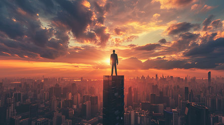 A powerful figure stands atop a towering skyscraper overlooking a sprawling urban landscape at sunset. This image embodies success and ambition against the backdrop of a city skylineの素材
