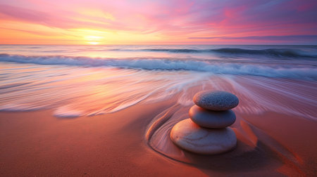 Find serenity with smooth Zen stones balanced by the ocean harmonizing with the rhythmic sound of waves Witness a vibrant sunset and admire intricate sand patterns that create a tranquil coastal havenの素材