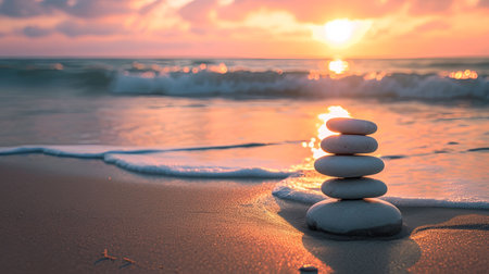 Find serenity with smooth Zen stones balanced by the ocean harmonizing with the rhythmic sound of waves Witness a vibrant sunset and admire intricate sand patterns that create a tranquil coastal havenの素材