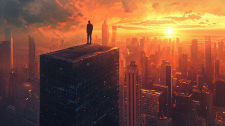 A powerful figure stands atop a towering skyscraper overlooking a sprawling urban landscape at sunset. This image embodies success and ambition against the backdrop of a city skylineの素材