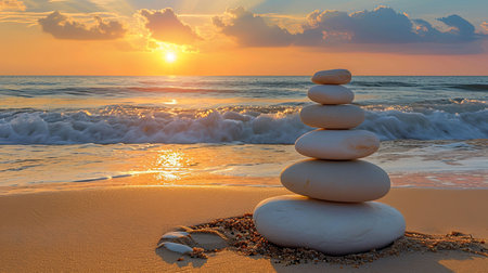 Find serenity with smooth Zen stones balanced by the ocean harmonizing with the rhythmic sound of waves Witness a vibrant sunset and admire intricate sand patterns that create a tranquil coastal havenの素材