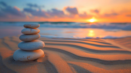 Find serenity with smooth Zen stones balanced by the ocean harmonizing with the rhythmic sound of waves Witness a vibrant sunset and admire intricate sand patterns that create a tranquil coastal havenの素材