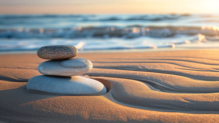 Find serenity with smooth Zen stones balanced by the ocean harmonizing with the rhythmic sound of waves Witness a vibrant sunset and admire intricate sand patterns that create a tranquil coastal havenの素材