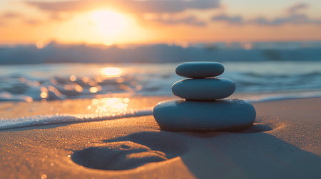Find serenity with smooth Zen stones balanced by the ocean harmonizing with the rhythmic sound of waves Witness a vibrant sunset and admire intricate sand patterns that create a tranquil coastal havenの素材