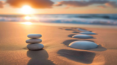 Find serenity with smooth Zen stones balanced by the ocean harmonizing with the rhythmic sound of waves Witness a vibrant sunset and admire intricate sand patterns that create a tranquil coastal havenの素材