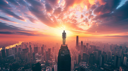 A powerful figure stands atop a towering skyscraper overlooking a sprawling urban landscape at sunset. This image embodies success and ambition against the backdrop of a city skylineの素材