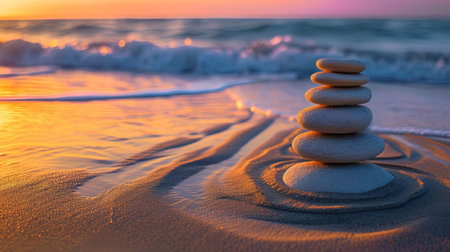 Find serenity with smooth Zen stones balanced by the ocean harmonizing with the rhythmic sound of waves Witness a vibrant sunset and admire intricate sand patterns that create a tranquil coastal havenの素材
