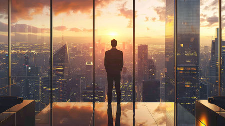 Achieve greatness and inspire others with this stunning image of a highpowered executive in a luxurious office overlooking a panoramic city viewの素材