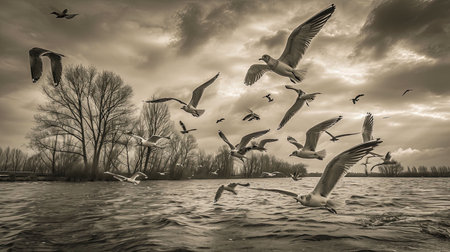 Spectacular backdrops of birds flying over a lake in sepia tones creating a joyful celebration of natureの素材