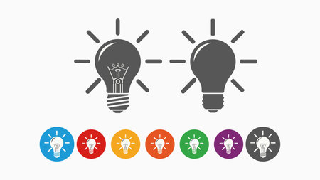 Spark brilliant ideas and visualize innovation with a vibrant collection of light bulb icons, perfect for representing creativity, solutions, and business success.のイラスト素材