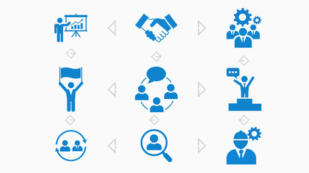 Dynamic business icons showcasing strategy, teamwork, and growth. Perfect for presentations, infographics, and designs needing a professional edge. Originally vector.のイラスト素材