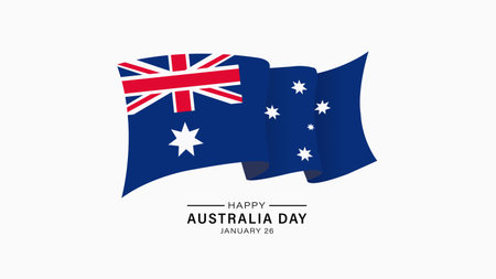 A stylized representation of the Australian flag waving dynamically against a clean white background, accompanied by the celebratory text 'Happy Australia Day January 26'.のイラスト素材