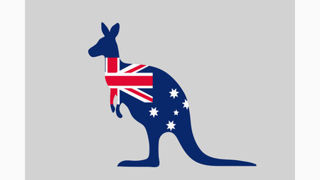 A stylized silhouette of a kangaroo, filled with the design of the Australian flag, stands against a plain gray backdrop, symbolizing Australian identity and wildlife.のイラスト素材