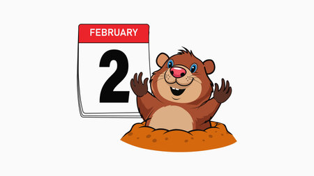 A cute Groundhog Day vector illustration featuring a cheerful groundhog in a winter setting, ideal for holiday designs and seasonal themes.のイラスト素材