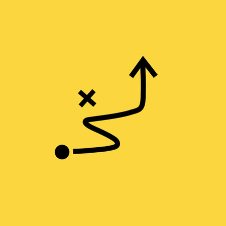 A minimalist graphic design featuring a black, winding line starting with a dot, passing an 'x'...