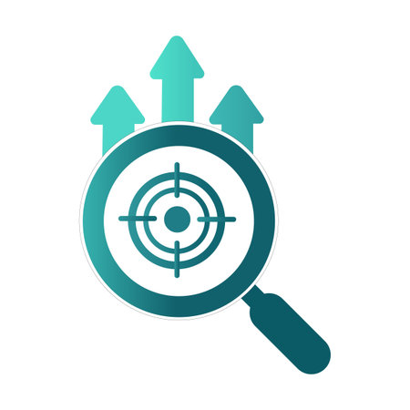 A graphic illustration featuring a magnifying glass centered over a crosshair target, with three bright green upward-pointing arrows rising behind it, symbolizing focused search and positive businessのイラスト素材