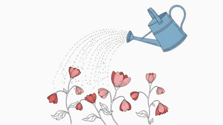 A charming, simple line art illustration depicts a blue watering can showering water droplets onto a small cluster of delicate pink and red blooming flowers against a stark white backdrop, symbolizingの素材