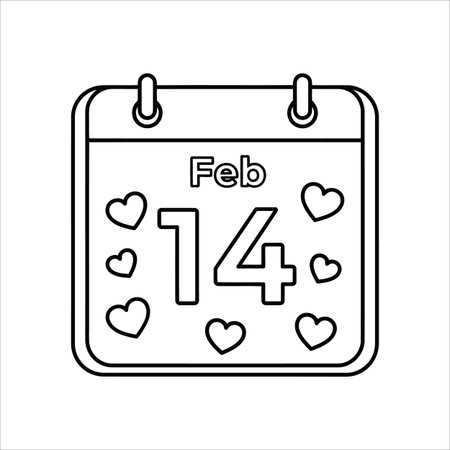A simple black and white outline drawing of a tear-off calendar page marking the date February 14th, surrounded by small heart shapes, perfect for coloring activities and holiday themes.のイラスト素材