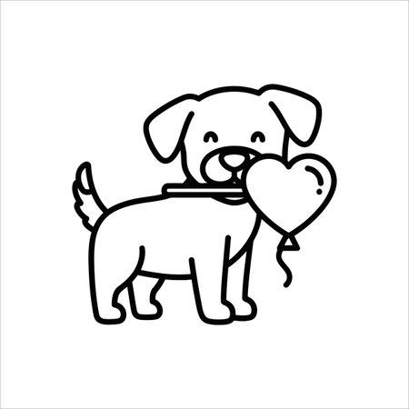 A charming black and white line drawing depicts a joyful puppy standing, holding a heart-shaped balloon gently in its mouth, perfect for love and pet themes.のイラスト素材
