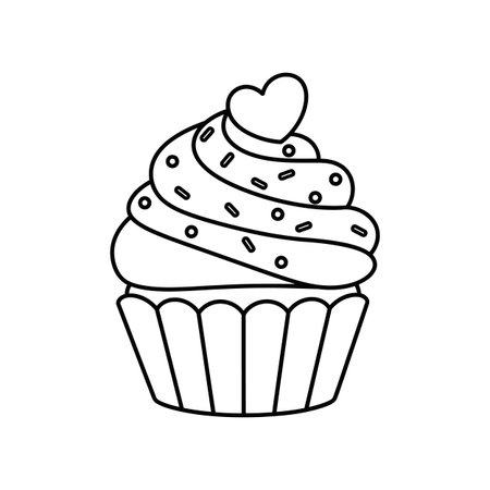 A clean, black and white line art vector image depicting a delicious cupcake featuring a tall swirl of frosting, small decorative sprinkles, and a heart shape crowning the top, perfect for coloring.のイラスト素材