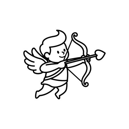 A simple black and white line art drawing of a cherubic figure with wings, resembling Cupid, poised...