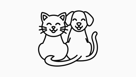 A charming, minimalist black and white outline drawing depicting a smiling feline companion nestled right beside a joyful canine friend, symbolizing strong pet friendship and companionship.のイラスト素材