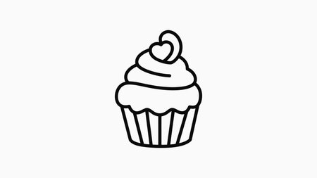A clean, minimalist line drawing depicting a delicious cupcake topped with a swirl of frosting and a tiny heart accent. This simple graphic is perfect for menus, apps, or any design needing a cute bakeのイラスト素材